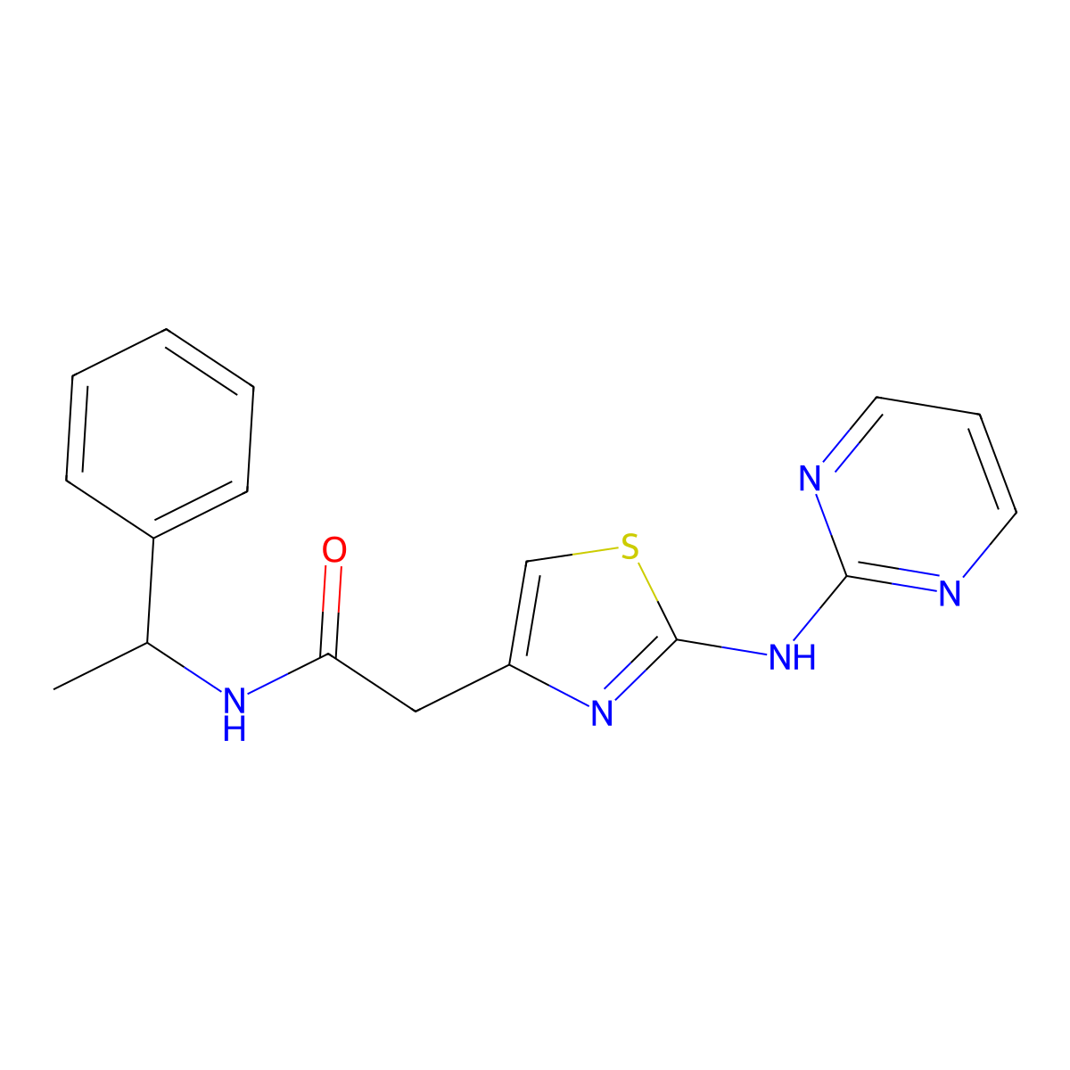 N-(1-phenylethyl)-2-(2-(pyrimidin-2-ylamino)thiazol-4-yl)acetamide molecular structure, CAS 1226445-32-4