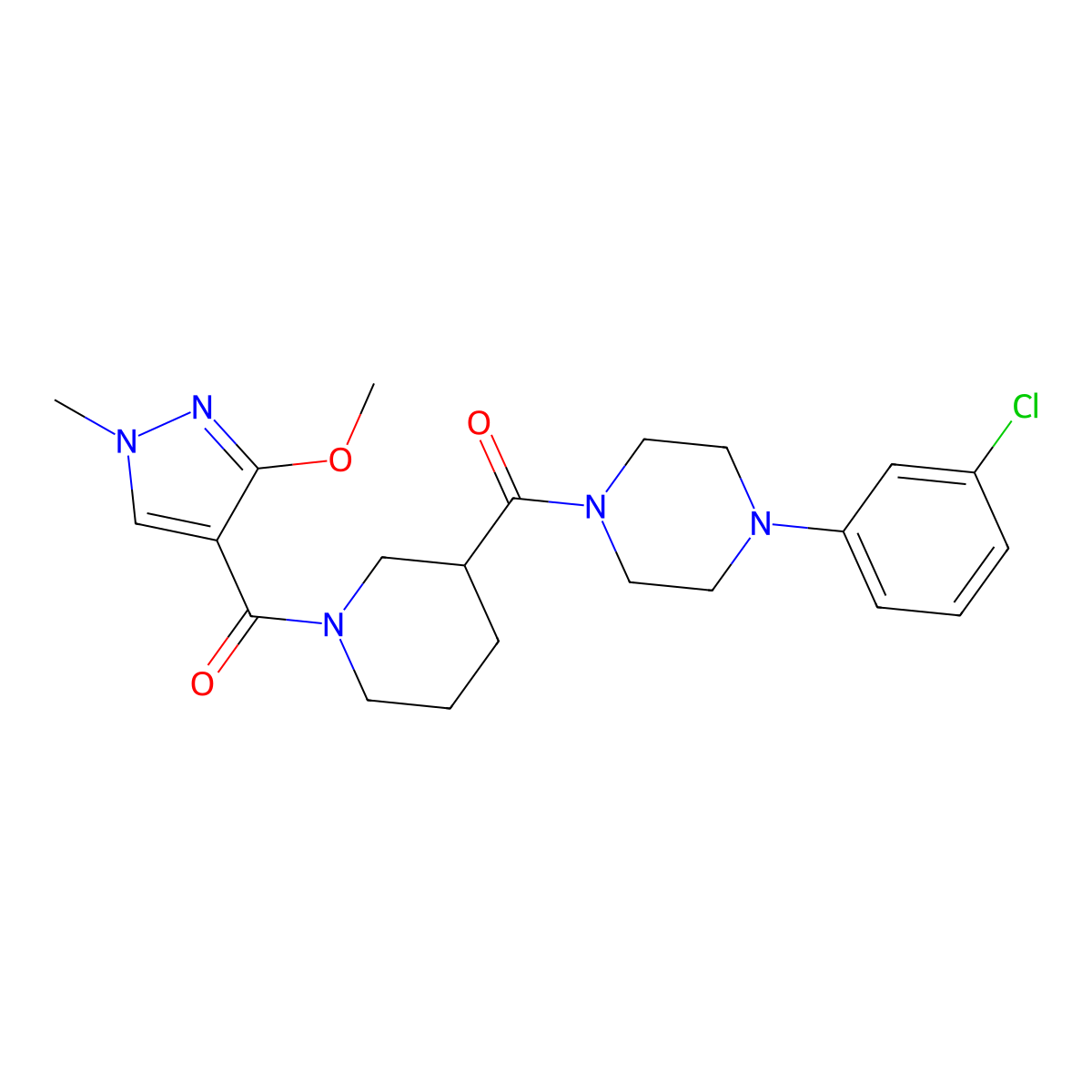 (4-(3-chlorophenyl)piperazin-1-yl)(1-(3-methoxy-1-methyl-1H-pyrazole-4-carbonyl)piperidin-3-yl)methanone molecular structure, CAS 1226445-33-5