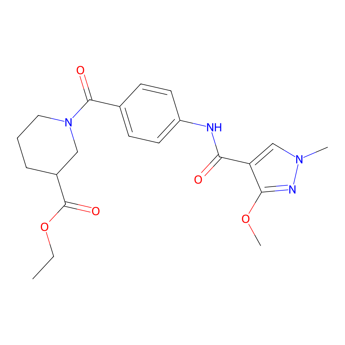 ethyl 1-(4-(3-methoxy-1-methyl-1H-pyrazole-4-carboxamido)benzoyl)piperidine-3-carboxylate molecular structure, CAS 1226445-34-6