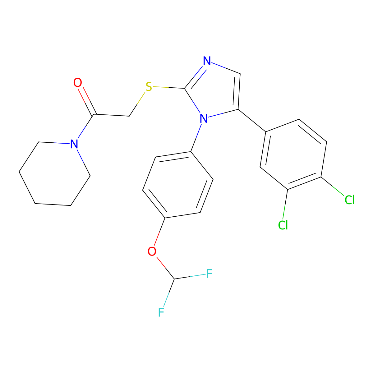 2-((5-(3,4-dichlorophenyl)-1-(4-(difluoromethoxy)phenyl)-1H-imidazol-2-yl)thio)-1-(piperidin-1-yl)ethanone molecular structure, CAS 1226445-35-7