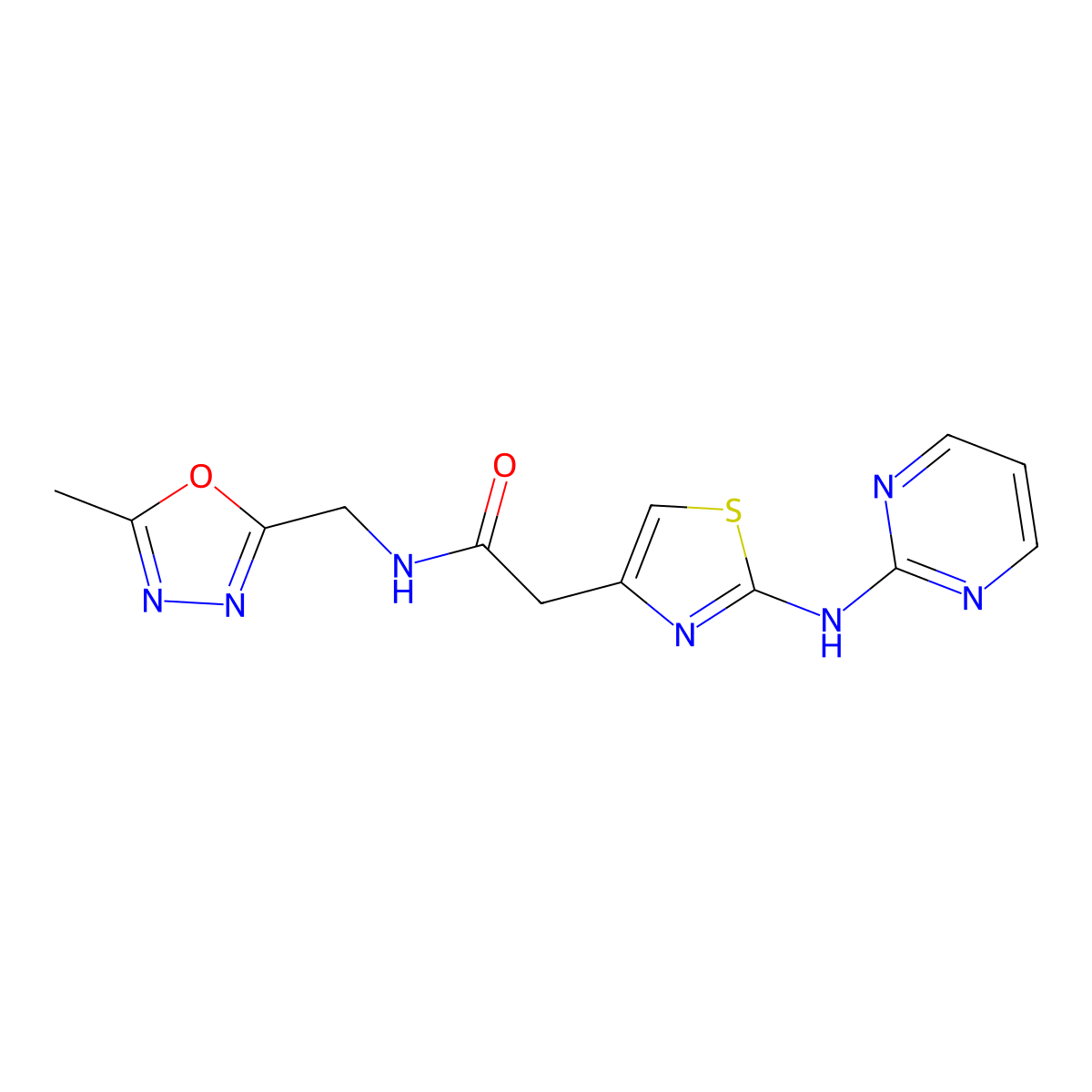 N-((5-methyl-1,3,4-oxadiazol-2-yl)methyl)-2-(2-(pyrimidin-2-ylamino)thiazol-4-yl)acetamide molecular structure, CAS 1226445-46-0