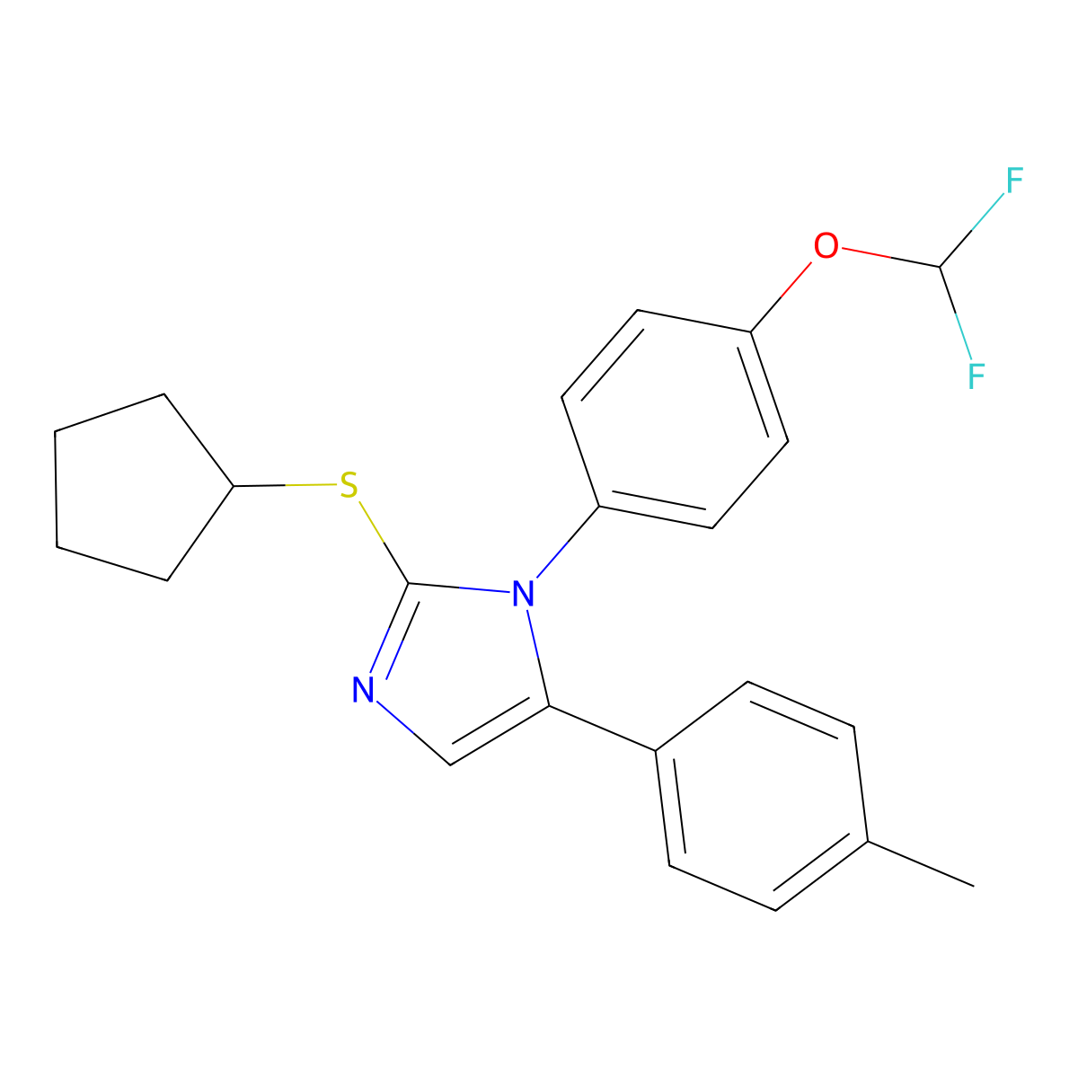 2-(cyclopentylthio)-1-(4-(difluoromethoxy)phenyl)-5-(p-tolyl)-1H-imidazole molecular structure, CAS 1226445-50-6