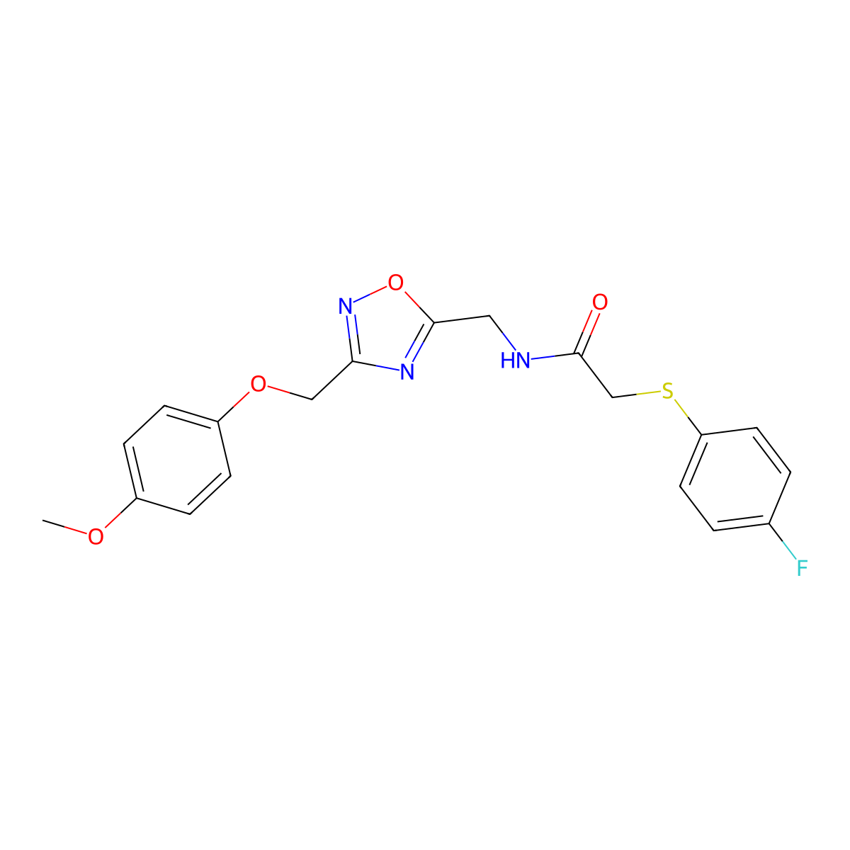 2-((4-fluorophenyl)thio)-N-((3-((4-methoxyphenoxy)methyl)-1,2,4-oxadiazol-5-yl)methyl)acetamide molecular structure, CAS 1226445-55-1