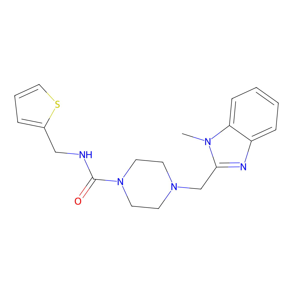 4-((1-methyl-1H-benzo[d]imidazol-2-yl)methyl)-N-(thiophen-2-ylmethyl)piperazine-1-carboxamide molecular structure, CAS 1226445-64-2