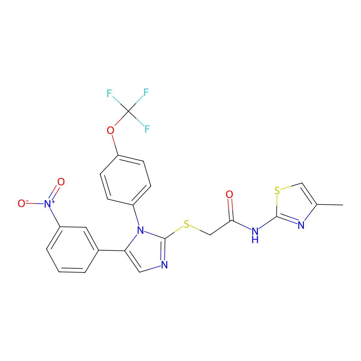 N-(4-methylthiazol-2-yl)-2-((5-(3-nitrophenyl)-1-(4-(trifluoromethoxy)phenyl)-1H-imidazol-2-yl)thio)acetamide molecular structure, CAS 1226445-70-0