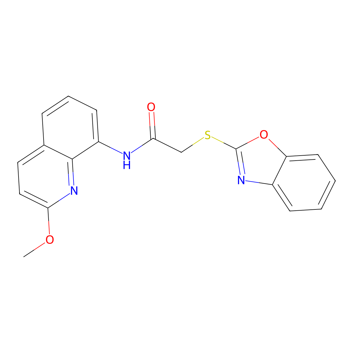 2-(benzo[d]oxazol-2-ylthio)-N-(2-methoxyquinolin-8-yl)acetamide molecular structure, CAS 1226445-76-6