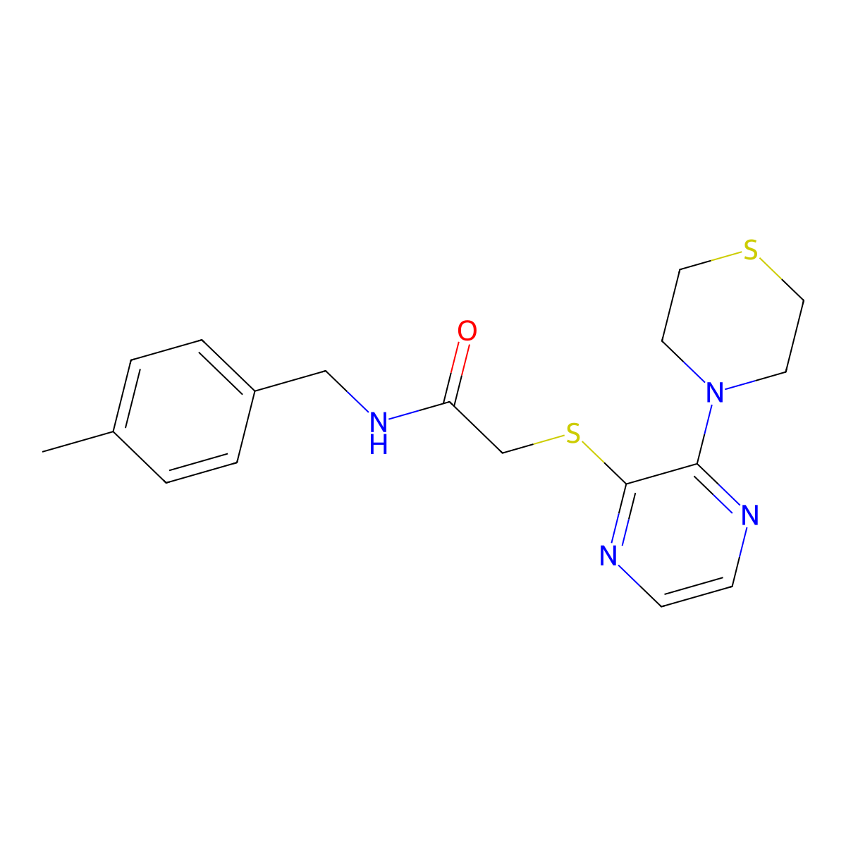N-(4-methylbenzyl)-2-((3-thiomorpholinopyrazin-2-yl)thio)acetamide molecular structure, CAS 1226445-84-6