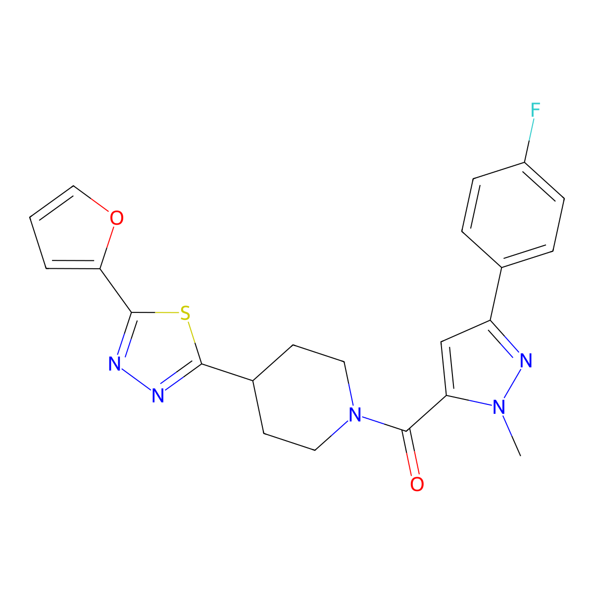 (3-(4-fluorophenyl)-1-methyl-1H-pyrazol-5-yl)(4-(5-(furan-2-yl)-1,3,4-thiadiazol-2-yl)piperidin-1-yl)methanone molecular structure, CAS 1226445-95-9
