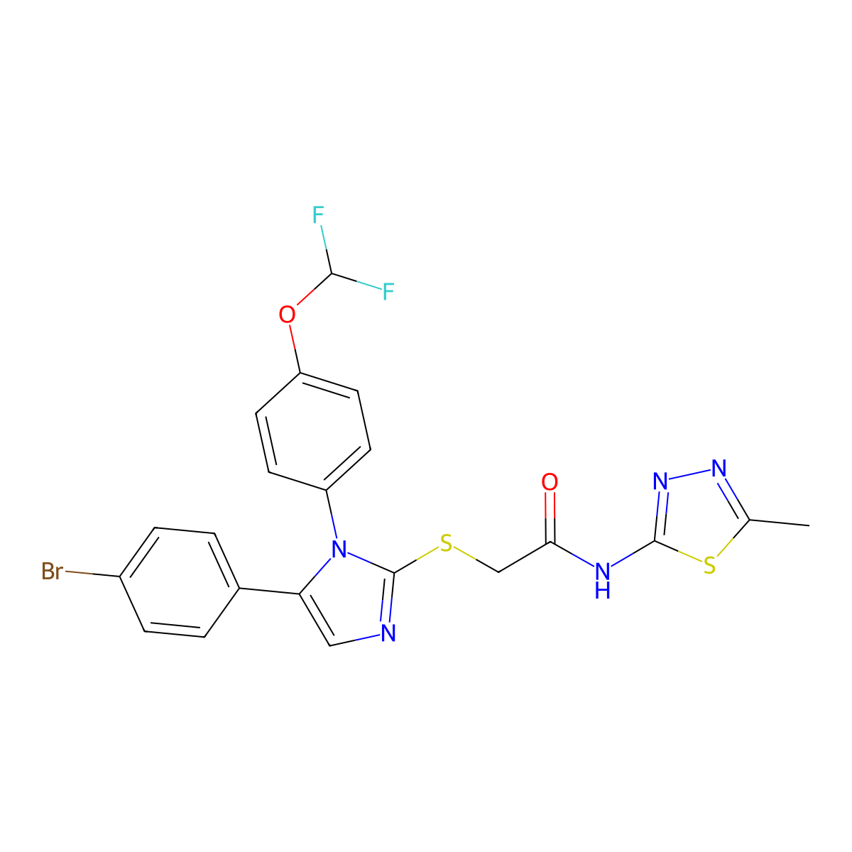 2-((5-(4-bromophenyl)-1-(4-(difluoromethoxy)phenyl)-1H-imidazol-2-yl)thio)-N-(5-methyl-1,3,4-thiadiazol-2-yl)acetamide molecular structure, CAS 1226446-00-9