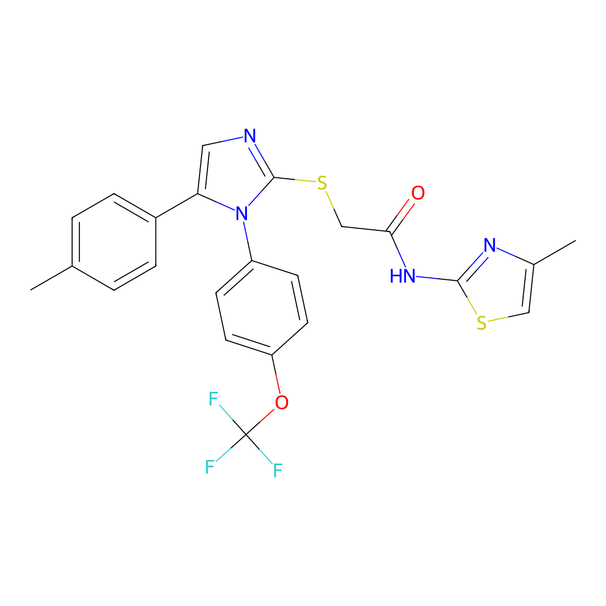 N-(4-methylthiazol-2-yl)-2-((5-(p-tolyl)-1-(4-(trifluoromethoxy)phenyl)-1H-imidazol-2-yl)thio)acetamide molecular structure, CAS 1226446-01-0