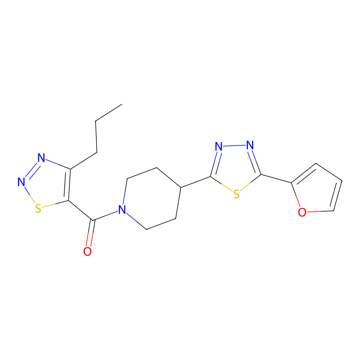 (4-(5-(Furan-2-yl)-1,3,4-thiadiazol-2-yl)piperidin-1-yl)(4-propyl-1,2,3-thiadiazol-5-yl)methanone molecular structure, CAS 1226446-02-1