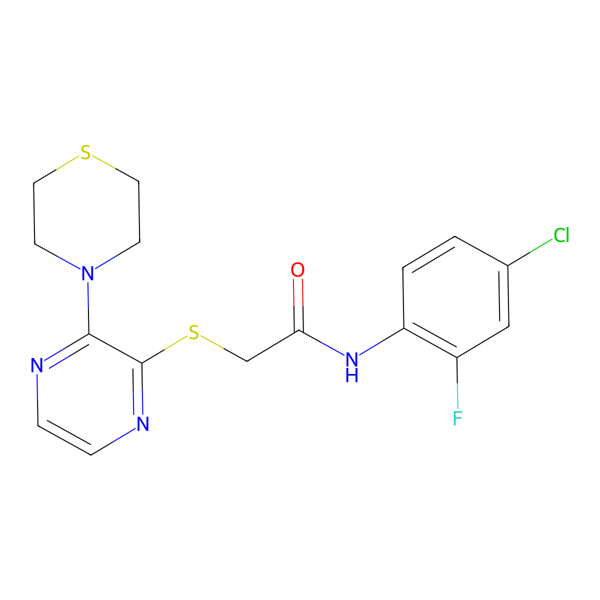 N-(4-chloro-2-fluorophenyl)-2-((3-thiomorpholinopyrazin-2-yl)thio)acetamide molecular structure, CAS 1226446-11-2