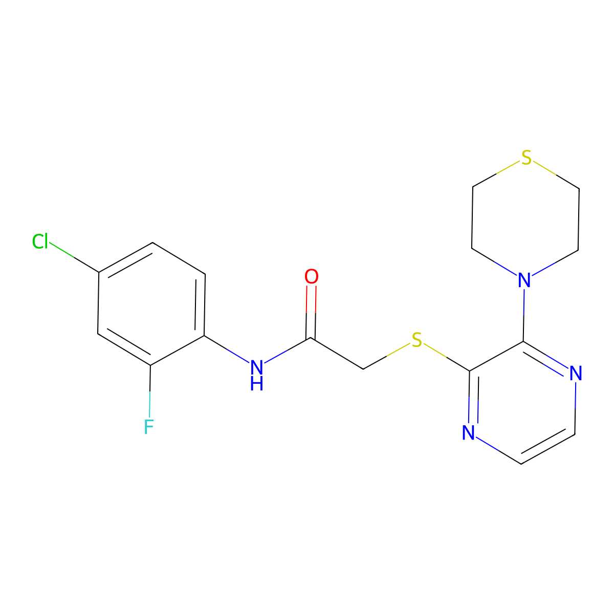 N-(4-chloro-2-fluorophenyl)-2-((3-thiomorpholinopyrazin-2-yl)thio)acetamide molecular structure, CAS 1226446-11-2