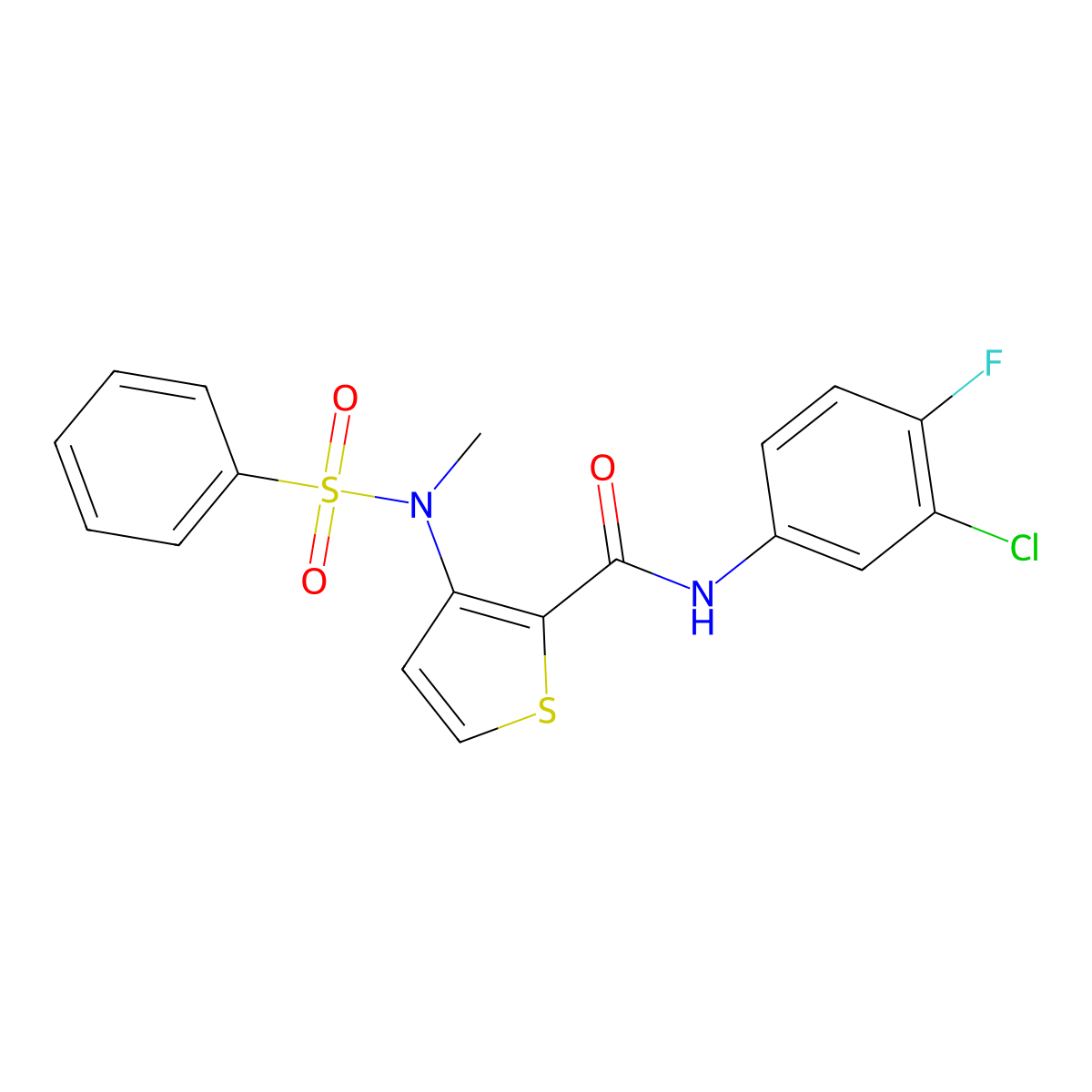 N-(3-chloro-4-fluorophenyl)-3-(N-methylphenylsulfonamido)thiophene-2-carboxamide molecular structure, CAS 1226446-24-7