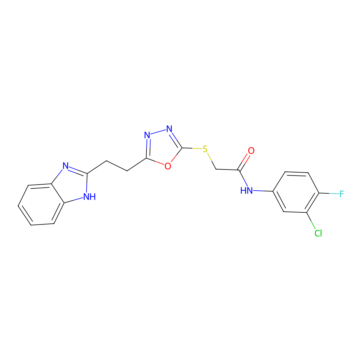 2-((5-(2-(1H-benzo[d]imidazol-2-yl)ethyl)-1,3,4-oxadiazol-2-yl)thio)-N-(3-chloro-4-fluorophenyl)acetamide molecular structure, CAS 1226446-26-9