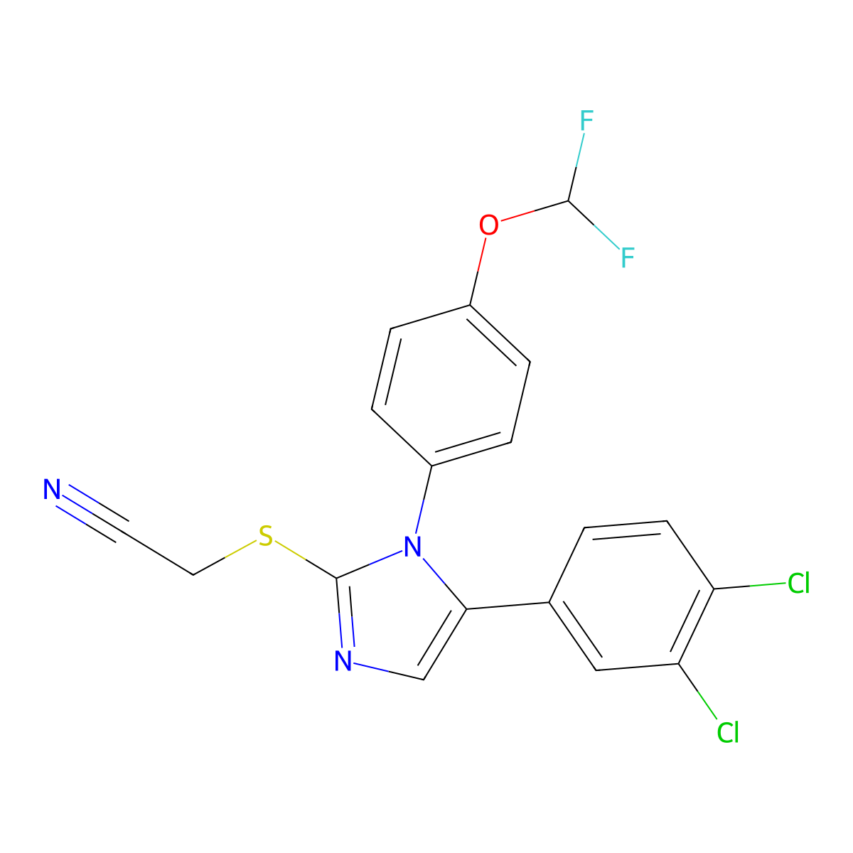 2-((5-(3,4-dichlorophenyl)-1-(4-(difluoromethoxy)phenyl)-1H-imidazol-2-yl)thio)acetonitrile molecular structure, CAS 1226446-32-7
