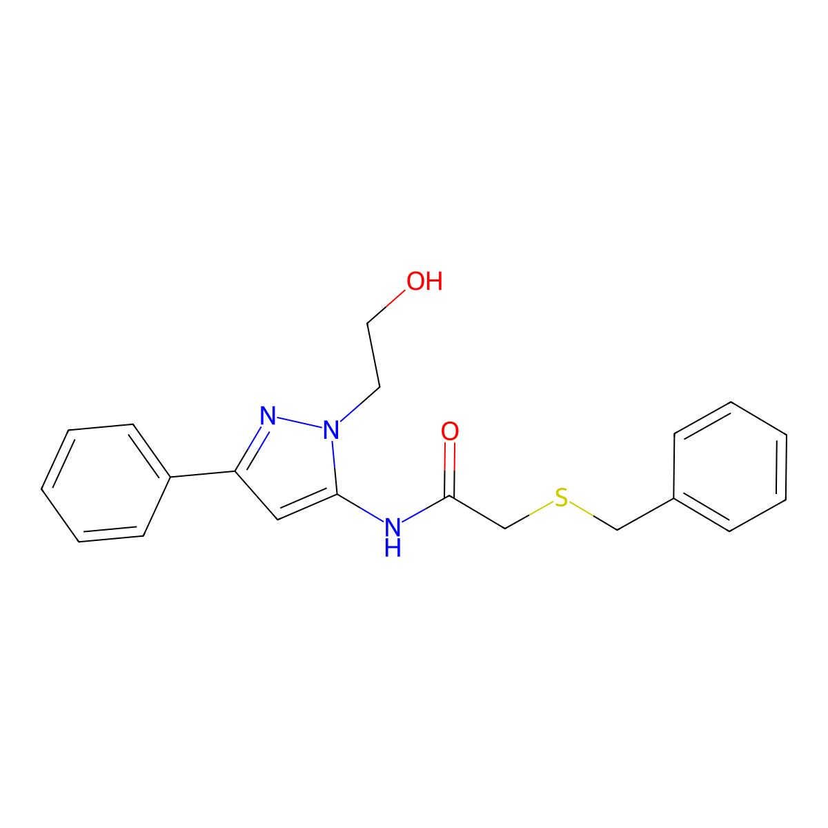 2-(benzylthio)-N-(1-(2-hydroxyethyl)-3-phenyl-1H-pyrazol-5-yl)acetamide molecular structure, CAS 1226446-35-0