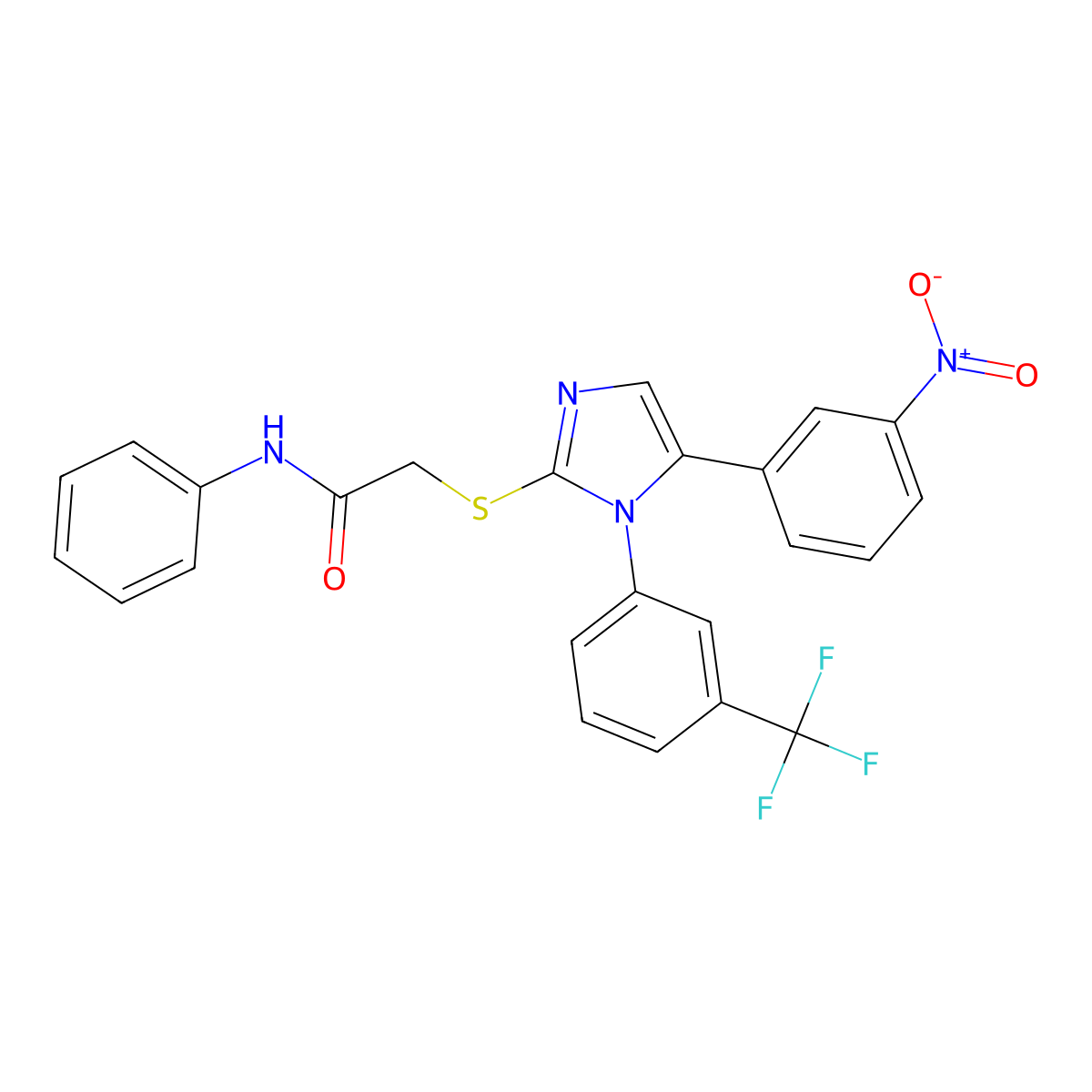 2-((5-(3-nitrophenyl)-1-(3-(trifluoromethyl)phenyl)-1H-imidazol-2-yl)thio)-N-phenylacetamide molecular structure, CAS 1226446-59-8