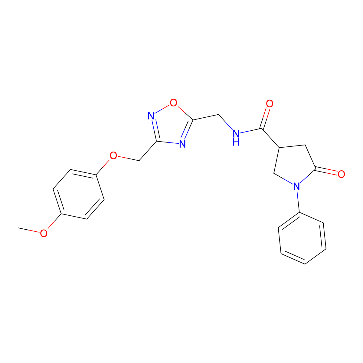 N-((3-((4-methoxyphenoxy)methyl)-1,2,4-oxadiazol-5-yl)methyl)-5-oxo-1-phenylpyrrolidine-3-carboxamide molecular structure, CAS 1226446-64-5