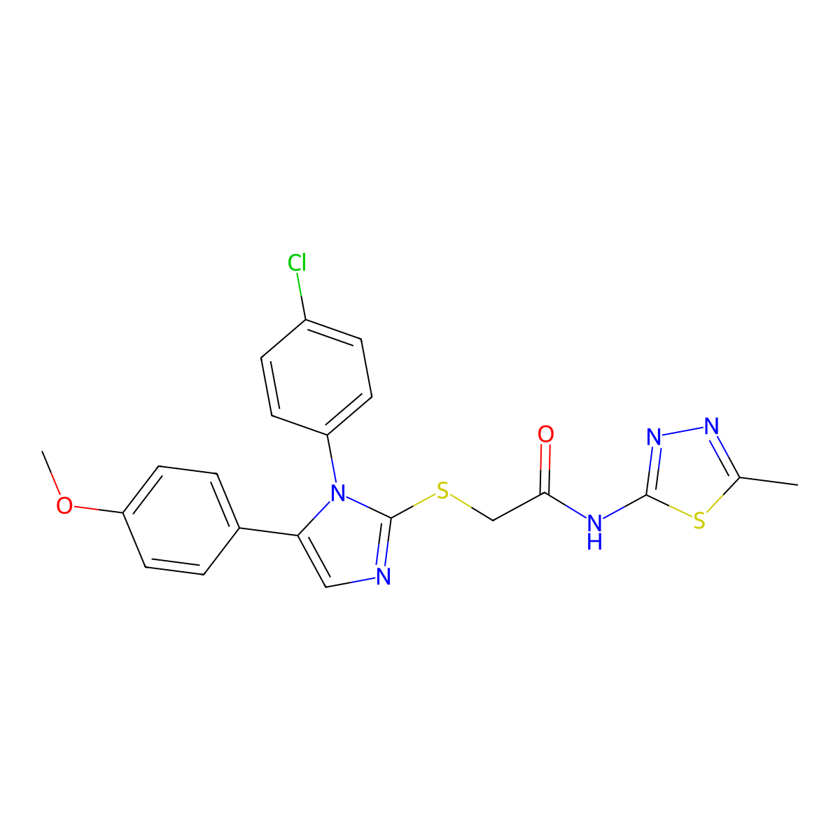 2-((1-(4-chlorophenyl)-5-(4-methoxyphenyl)-1H-imidazol-2-yl)thio)-N-(5-methyl-1,3,4-thiadiazol-2-yl)acetamide molecular structure, CAS 1226446-69-0