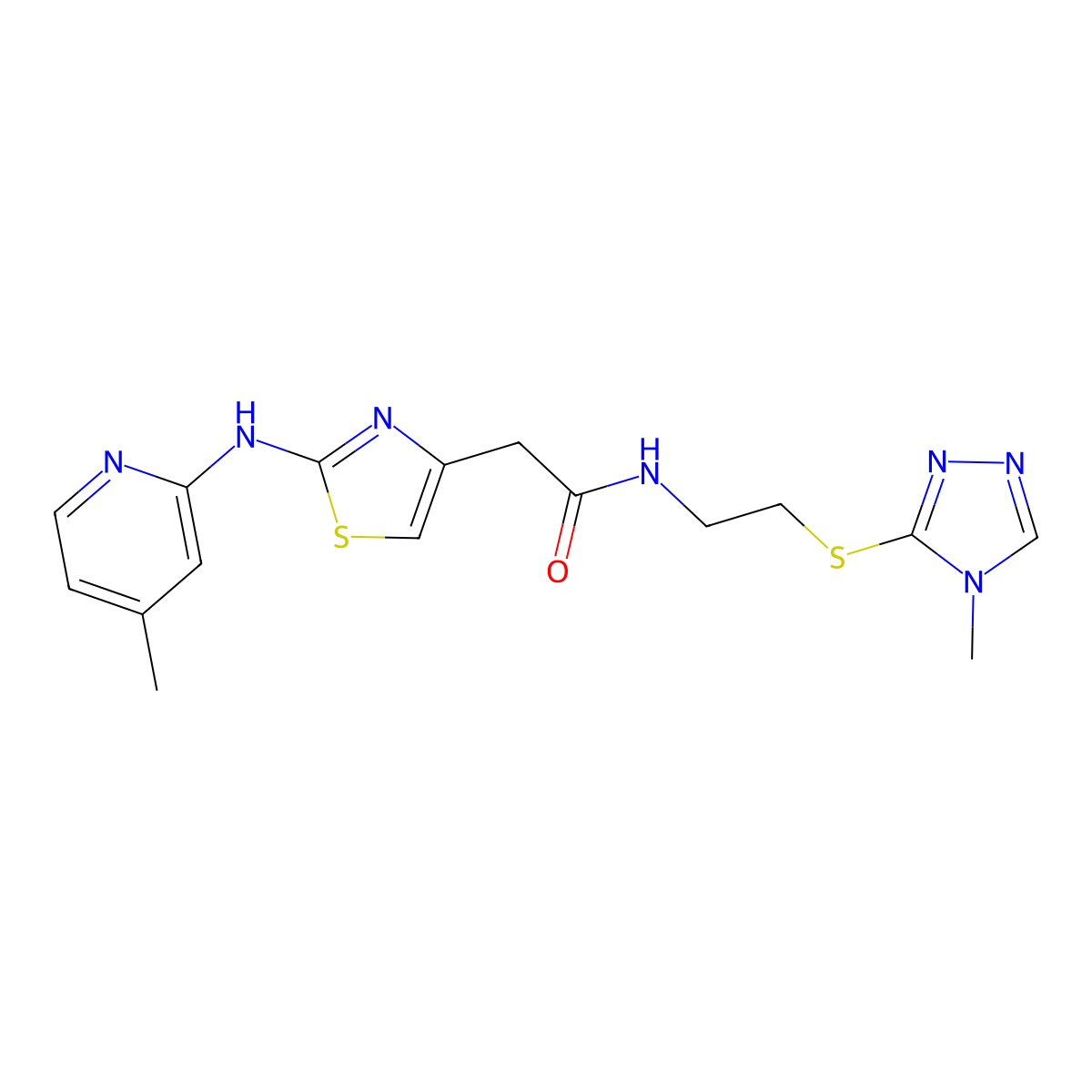 N-(2-((4-methyl-4H-1,2,4-triazol-3-yl)thio)ethyl)-2-(2-((4-methylpyridin-2-yl)amino)thiazol-4-yl)acetamide molecular structure, CAS 1226446-75-8