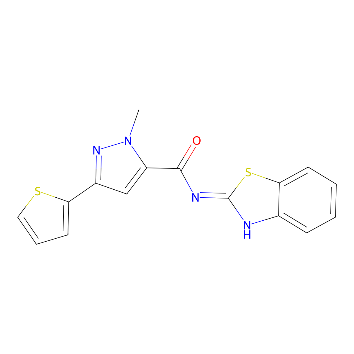 N-(benzo[d]thiazol-2-yl)-1-methyl-3-(thiophen-2-yl)-1H-pyrazole-5-carboxamide molecular structure, CAS 1226446-80-5