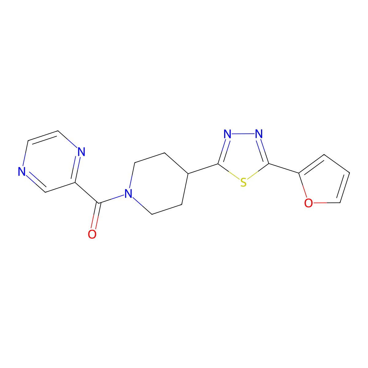 (4-(5-(Furan-2-yl)-1,3,4-thiadiazol-2-yl)piperidin-1-yl)(pyrazin-2-yl)methanone molecular structure, CAS 1226446-90-7