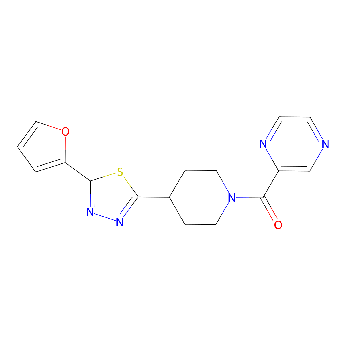 (4-(5-(Furan-2-yl)-1,3,4-thiadiazol-2-yl)piperidin-1-yl)(pyrazin-2-yl)methanone molecular structure, CAS 1226446-90-7