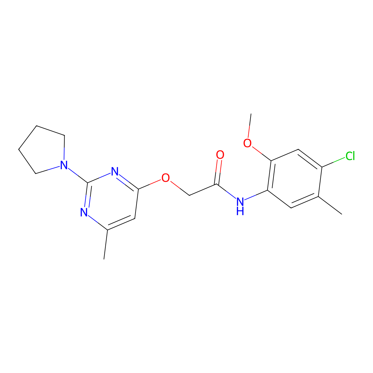 N-(4-chloro-2-methoxy-5-methylphenyl)-2-((6-methyl-2-(pyrrolidin-1-yl)pyrimidin-4-yl)oxy)acetamide molecular structure, CAS 1226447-06-8