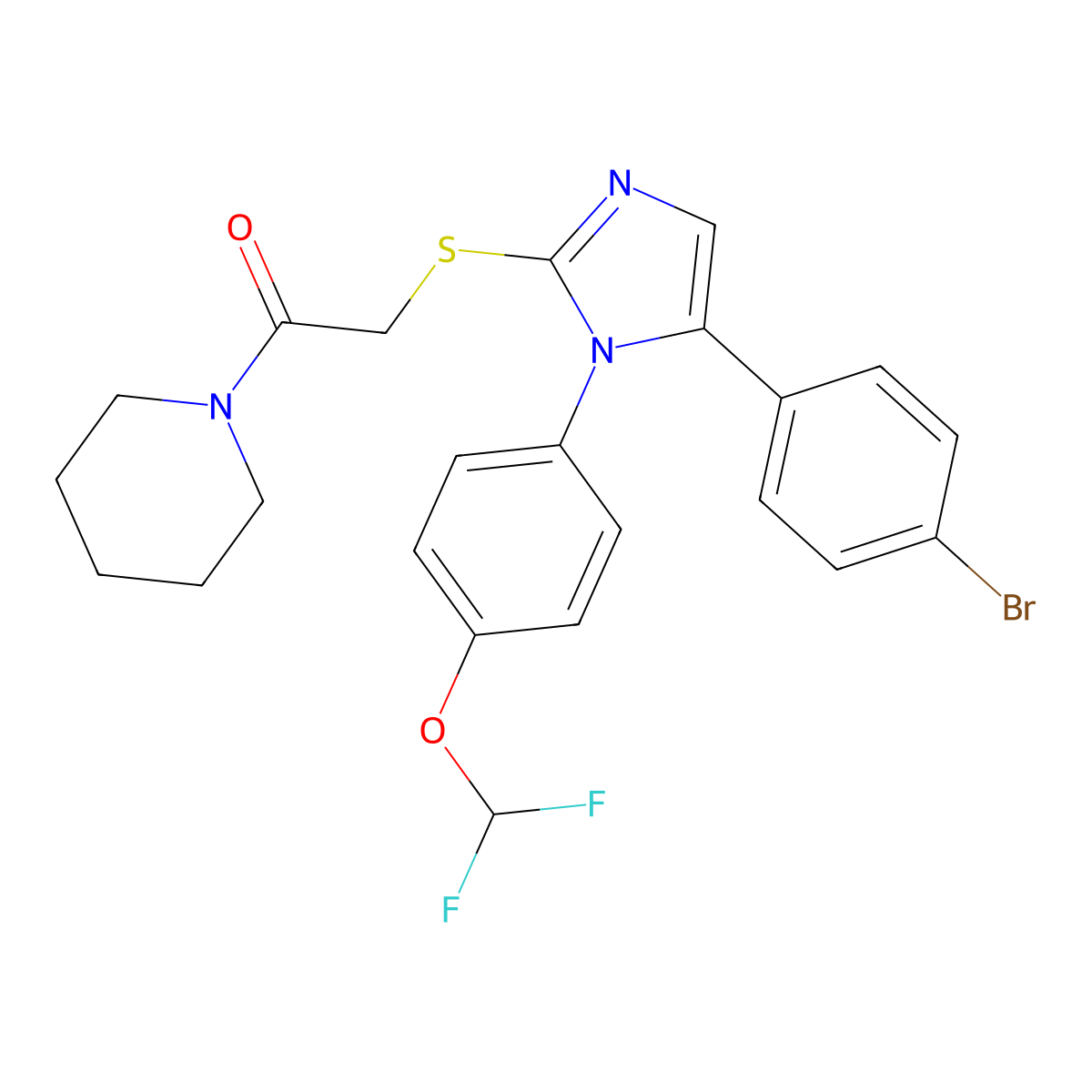 2-((5-(4-bromophenyl)-1-(4-(difluoromethoxy)phenyl)-1H-imidazol-2-yl)thio)-1-(piperidin-1-yl)ethanone molecular structure, CAS 1226447-13-7