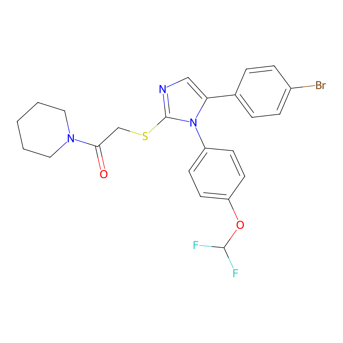 2-((5-(4-bromophenyl)-1-(4-(difluoromethoxy)phenyl)-1H-imidazol-2-yl)thio)-1-(piperidin-1-yl)ethanone molecular structure, CAS 1226447-13-7