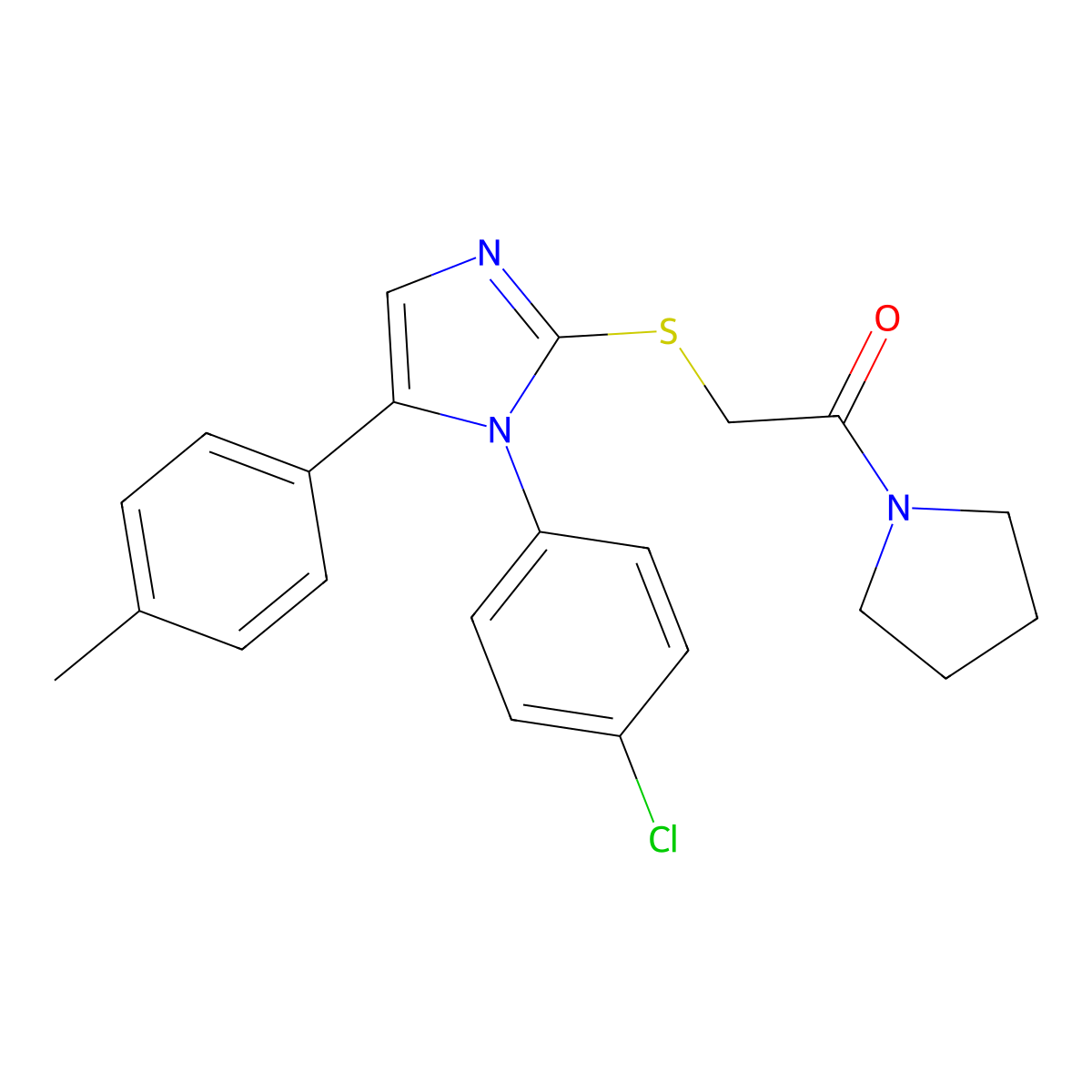 2-((1-(4-chlorophenyl)-5-(p-tolyl)-1H-imidazol-2-yl)thio)-1-(pyrrolidin-1-yl)ethanone molecular structure, CAS 1226447-14-8