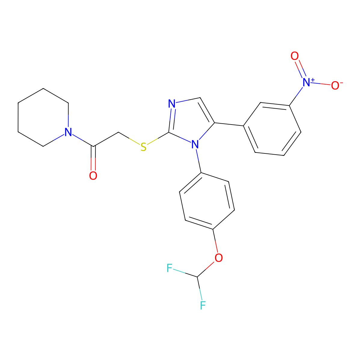 2-((1-(4-(difluoromethoxy)phenyl)-5-(3-nitrophenyl)-1H-imidazol-2-yl)thio)-1-(piperidin-1-yl)ethanone molecular structure, CAS 1226447-15-9