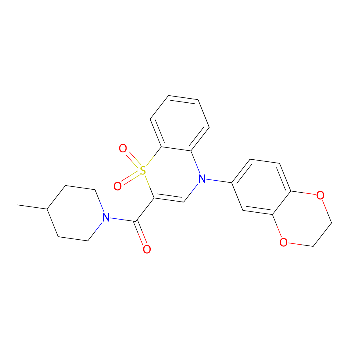 (4-(2,3-dihydrobenzo[b][1,4]dioxin-6-yl)-1,1-dioxido-4H-benzo[b][1,4]thiazin-2-yl)(4-methylpiperidin-1-yl)methanone molecular structure, CAS 1226447-19-3
