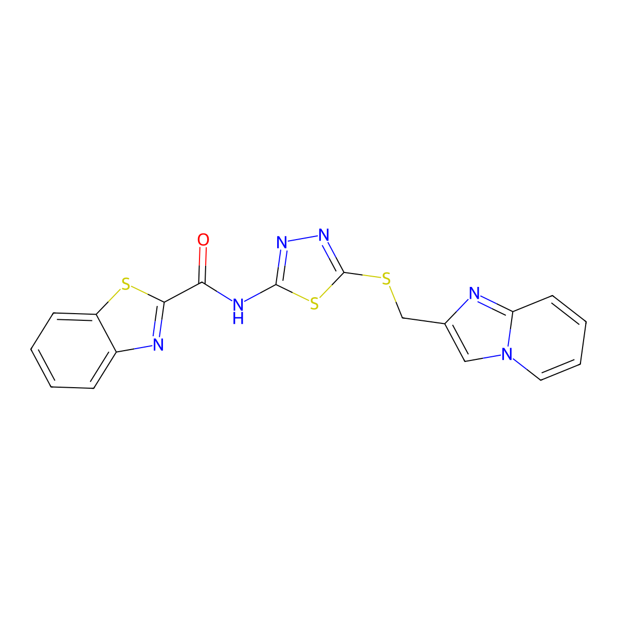 N-(5-((imidazo[1,2-a]pyridin-2-ylmethyl)thio)-1,3,4-thiadiazol-2-yl)benzo[d]thiazole-2-carboxamide molecular structure, CAS 1226447-30-8