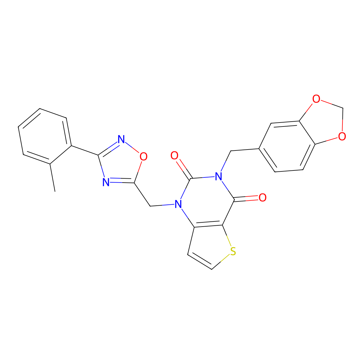 3-[(2H-1,3-benzodioxol-5-yl)methyl]-1-{[3-(2-methylphenyl)-1,2,4-oxadiazol-5-yl]methyl}-1H,2H,3H,4H-thieno[3,2-d]pyrimidine-2,4-dione molecular structure, CAS 1226447-44-4