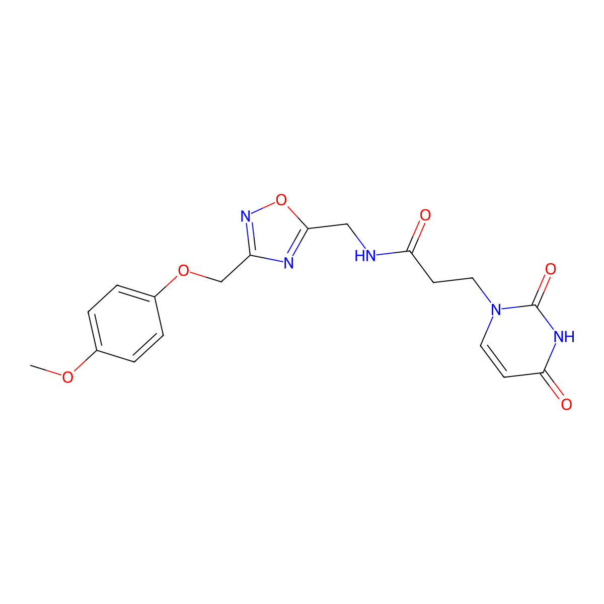 3-(2,4-dioxo-3,4-dihydropyrimidin-1(2H)-yl)-N-((3-((4-methoxyphenoxy)methyl)-1,2,4-oxadiazol-5-yl)methyl)propanamide molecular structure, CAS 1226447-45-5
