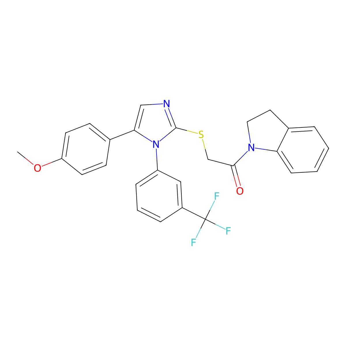1-(indolin-1-yl)-2-((5-(4-methoxyphenyl)-1-(3-(trifluoromethyl)phenyl)-1H-imidazol-2-yl)thio)ethanone molecular structure, CAS 1226447-46-6