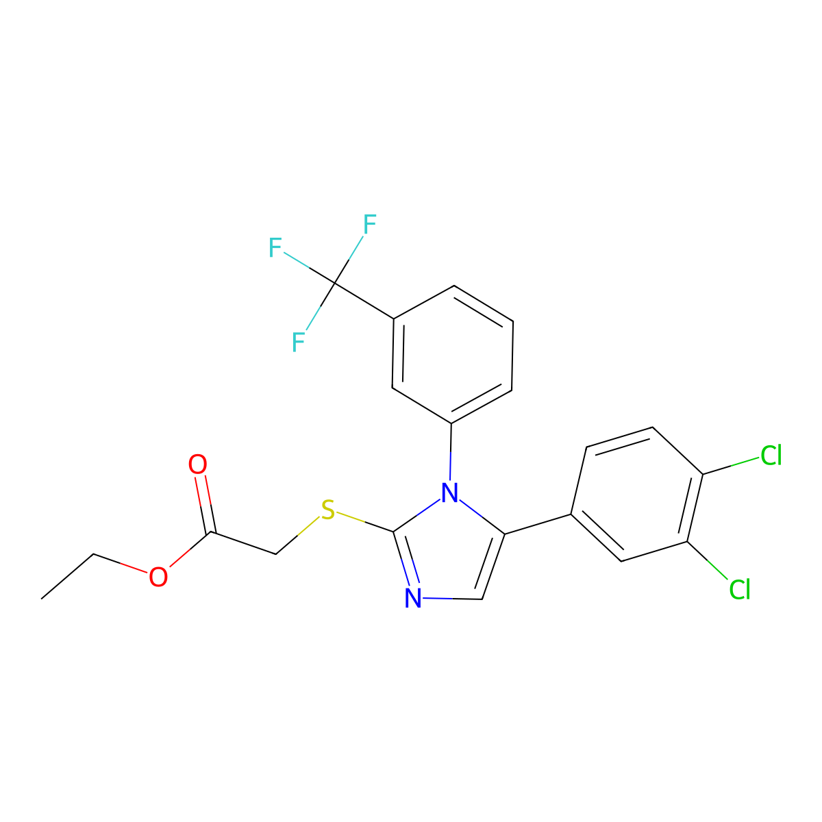 ethyl 2-((5-(3,4-dichlorophenyl)-1-(3-(trifluoromethyl)phenyl)-1H-imidazol-2-yl)thio)acetate molecular structure, CAS 1226447-70-6