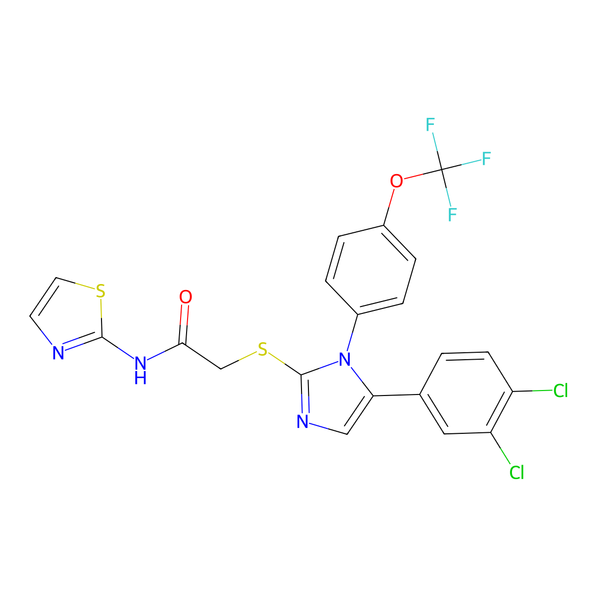 2-{[5-(3,4-dichlorophenyl)-1-[4-(trifluoromethoxy)phenyl]-1H-imidazol-2-yl]sulfanyl}-N-(1,3-thiazol-2-yl)acetamide molecular structure, CAS 1226447-82-0