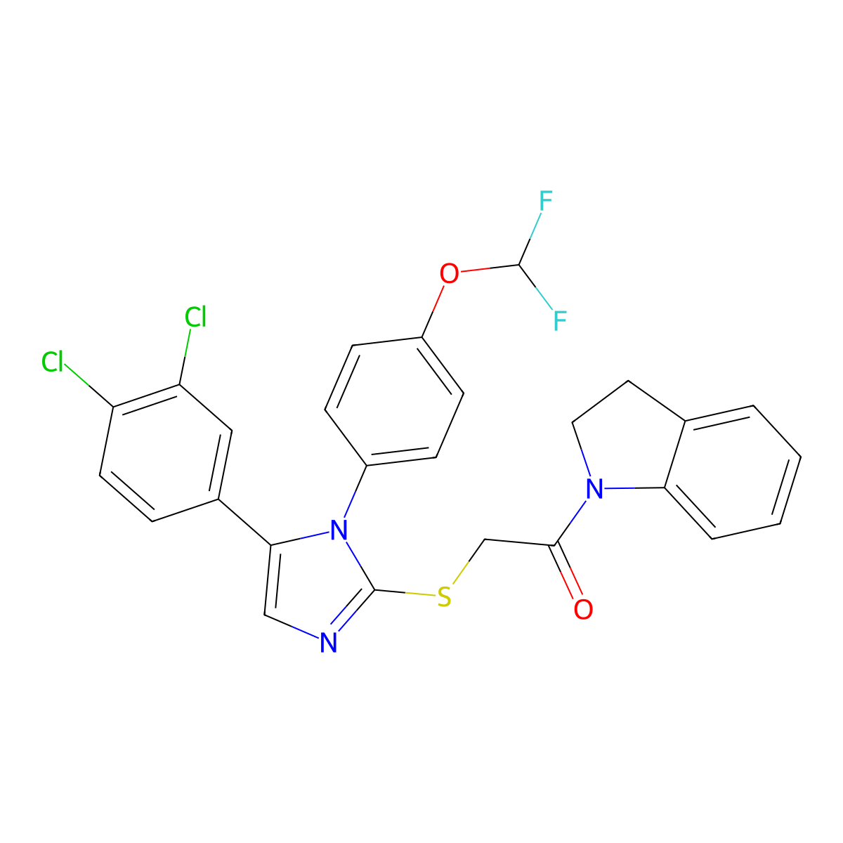2-((5-(3,4-dichlorophenyl)-1-(4-(difluoromethoxy)phenyl)-1H-imidazol-2-yl)thio)-1-(indolin-1-yl)ethanone molecular structure, CAS 1226447-83-1