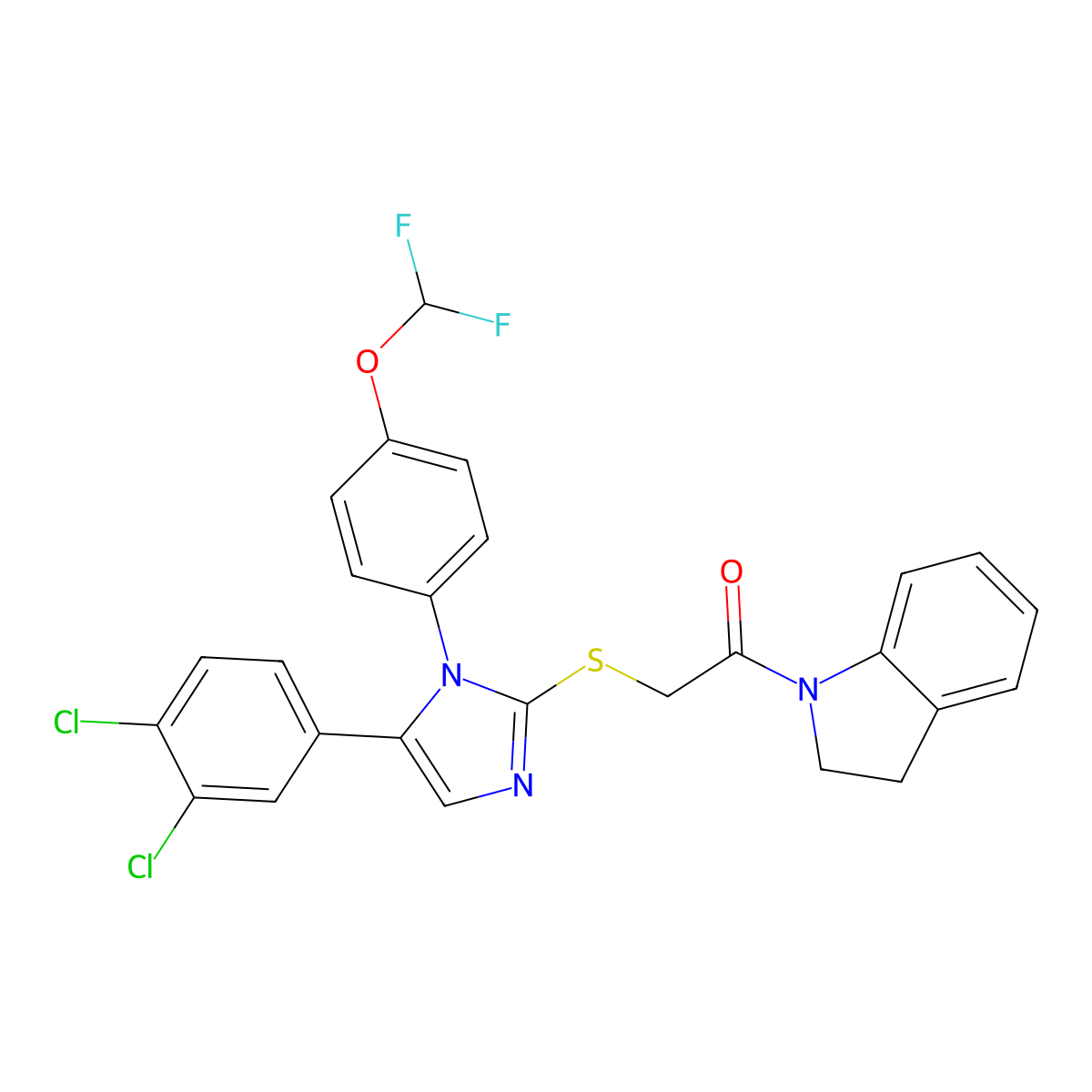 2-((5-(3,4-dichlorophenyl)-1-(4-(difluoromethoxy)phenyl)-1H-imidazol-2-yl)thio)-1-(indolin-1-yl)ethanone molecular structure, CAS 1226447-83-1