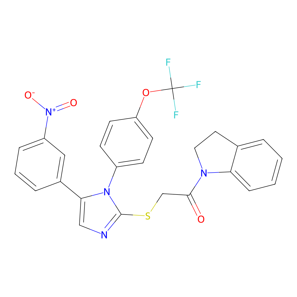 1-(indolin-1-yl)-2-((5-(3-nitrophenyl)-1-(4-(trifluoromethoxy)phenyl)-1H-imidazol-2-yl)thio)ethanone molecular structure, CAS 1226447-87-5