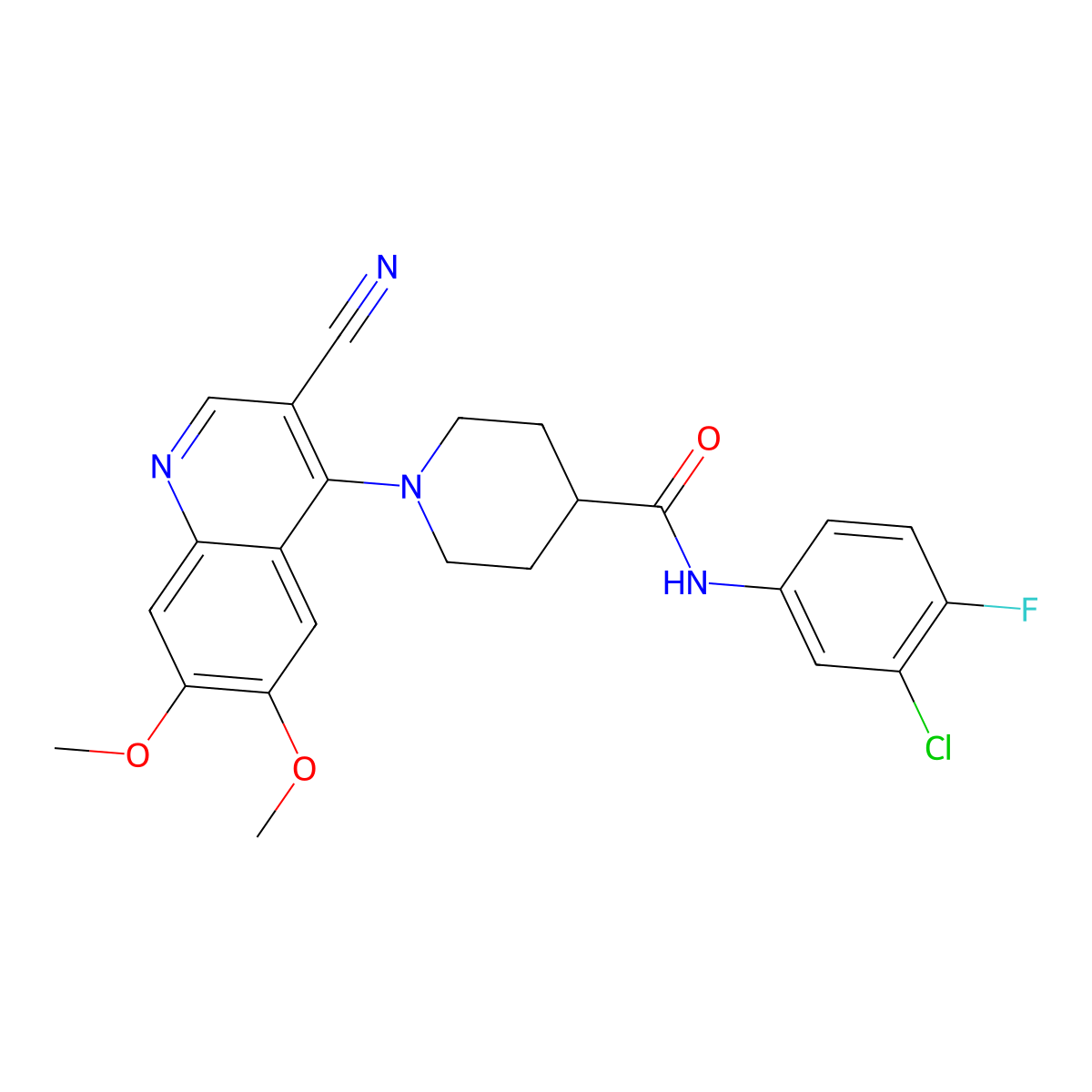 N-(3-chloro-4-fluorophenyl)-1-(3-cyano-6,7-dimethoxyquinolin-4-yl)piperidine-4-carboxamide molecular structure, CAS 1226448-00-5