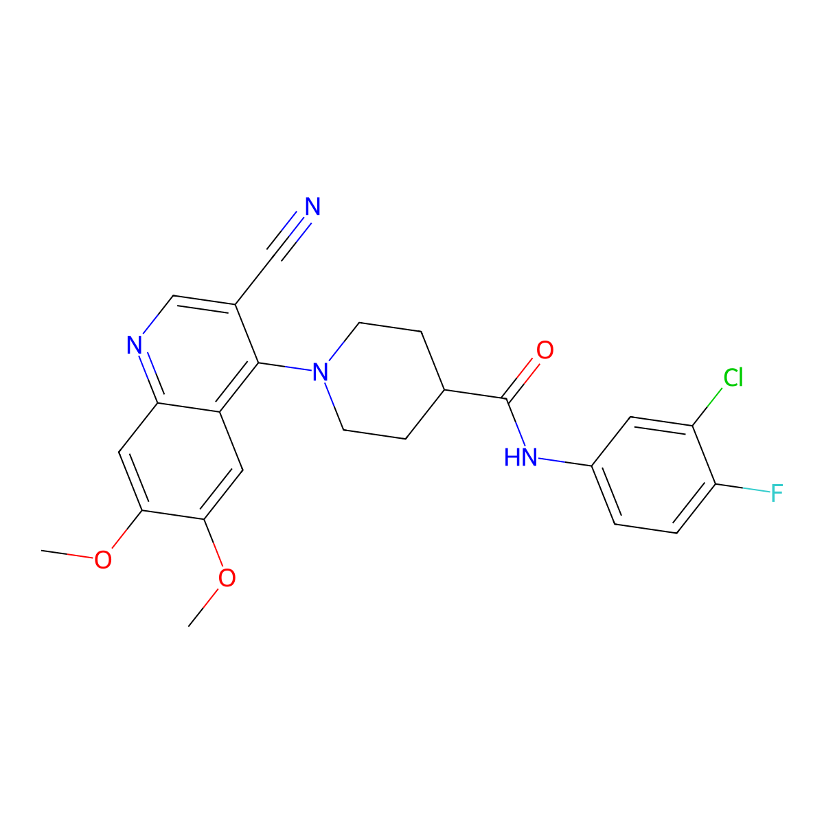 N-(3-chloro-4-fluorophenyl)-1-(3-cyano-6,7-dimethoxyquinolin-4-yl)piperidine-4-carboxamide molecular structure, CAS 1226448-00-5