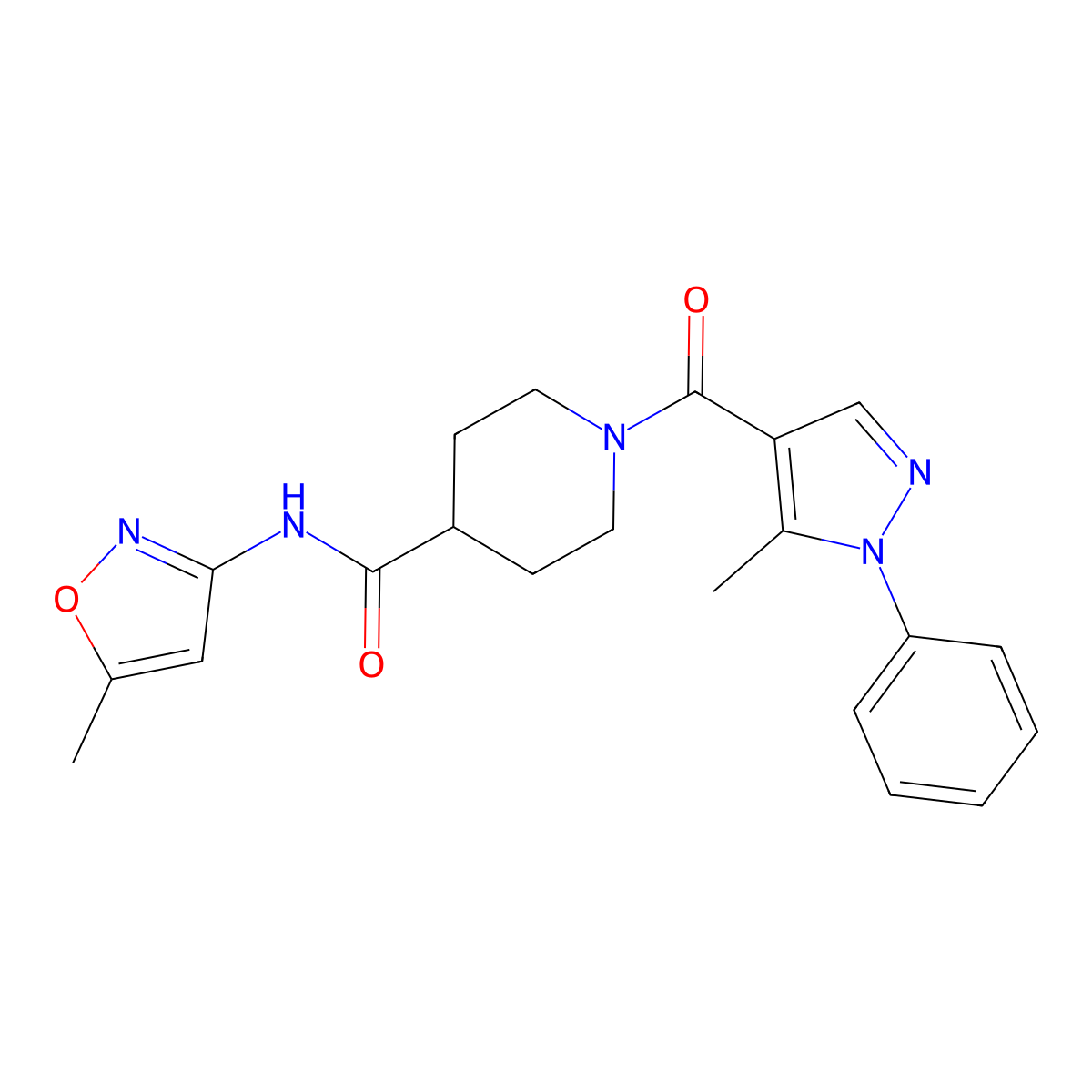 1-(5-methyl-1-phenyl-1H-pyrazole-4-carbonyl)-N-(5-methylisoxazol-3-yl)piperidine-4-carboxamide molecular structure, CAS 1226448-02-7