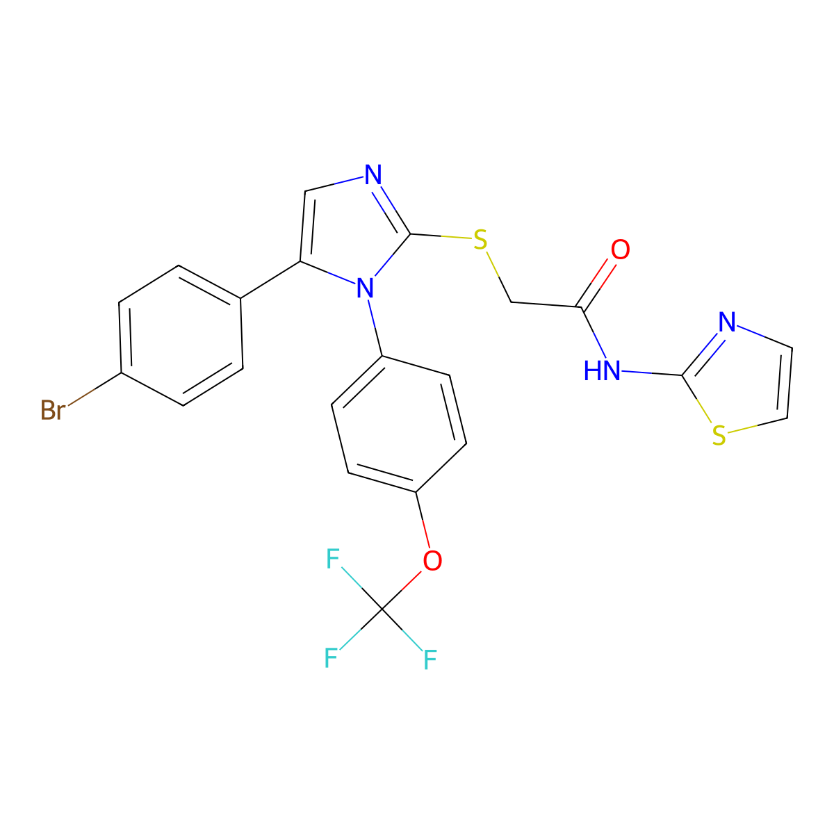 2-((5-(4-bromophenyl)-1-(4-(trifluoromethoxy)phenyl)-1H-imidazol-2-yl)thio)-N-(thiazol-2-yl)acetamide molecular structure, CAS 1226448-08-3