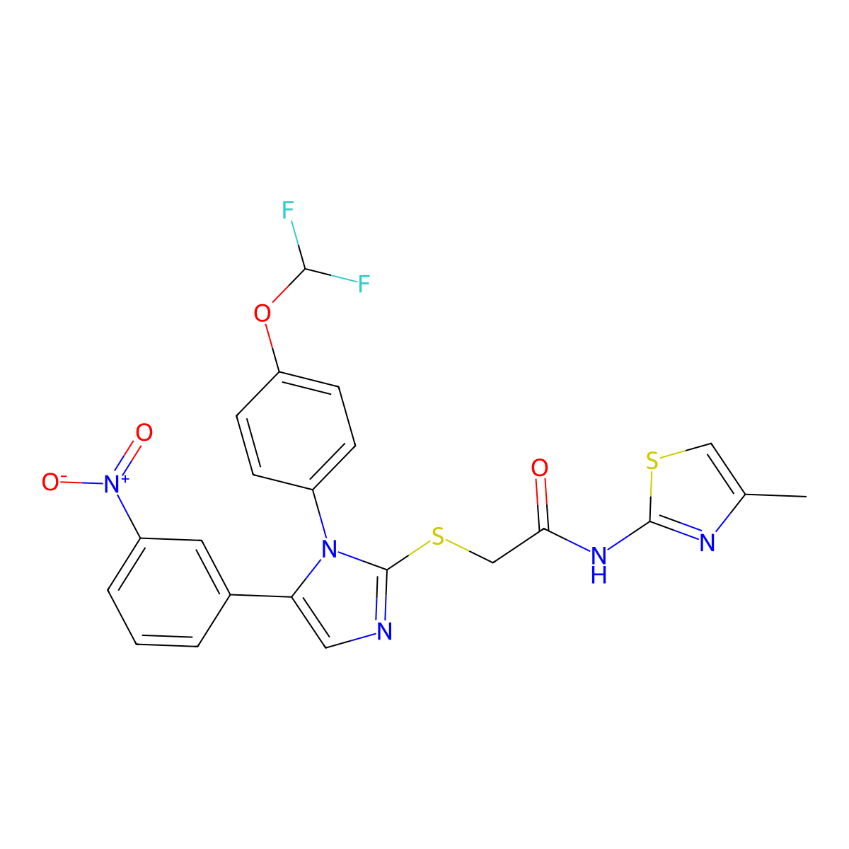 2-((1-(4-(difluoromethoxy)phenyl)-5-(3-nitrophenyl)-1H-imidazol-2-yl)thio)-N-(4-methylthiazol-2-yl)acetamide molecular structure, CAS 1226448-22-1