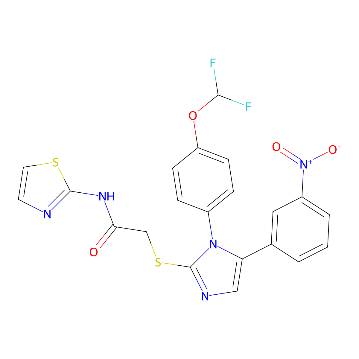 2-((1-(4-(difluoromethoxy)phenyl)-5-(3-nitrophenyl)-1H-imidazol-2-yl)thio)-N-(thiazol-2-yl)acetamide molecular structure, CAS 1226448-27-6