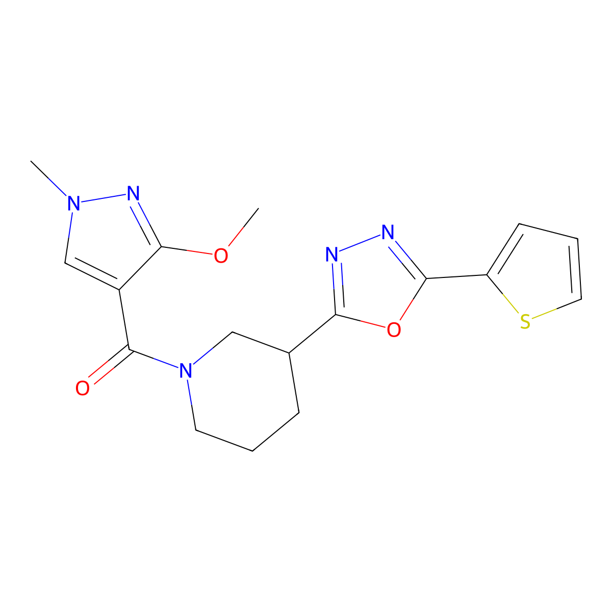 (3-methoxy-1-methyl-1H-pyrazol-4-yl)(3-(5-(thiophen-2-yl)-1,3,4-oxadiazol-2-yl)piperidin-1-yl)methanone molecular structure, CAS 1226448-30-1